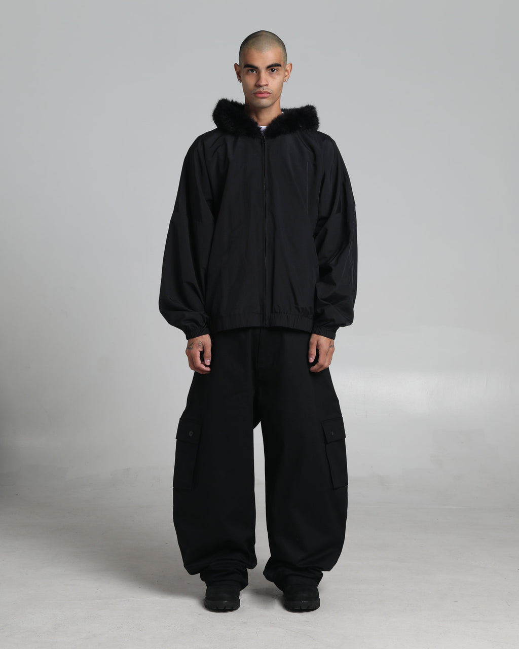 Fur Hooded Nylon Track Jacket