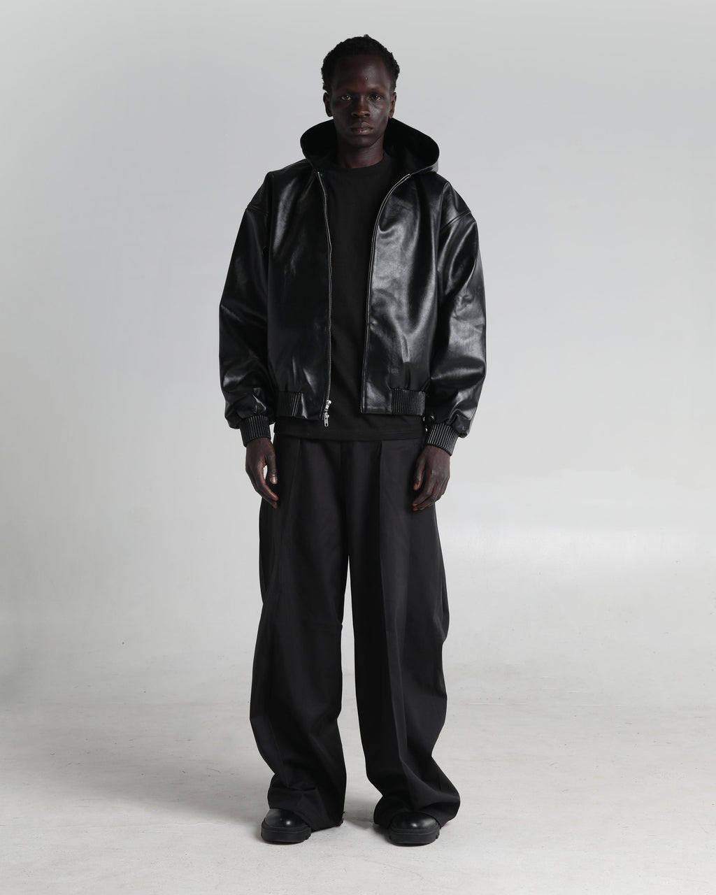 Hooded Faux Leather Bomber
