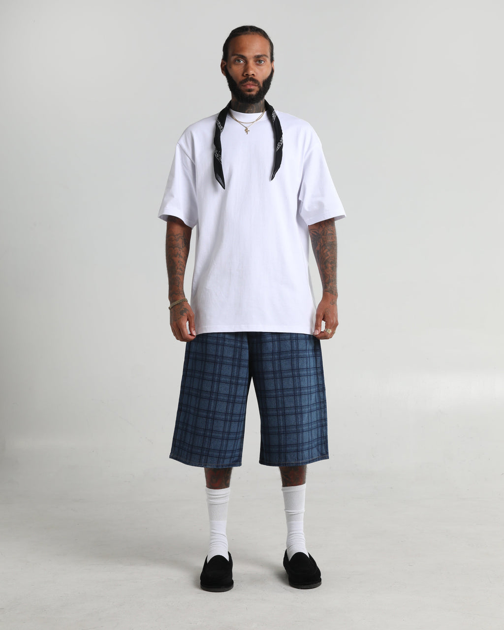 Lasered Plaid Denim Shorts